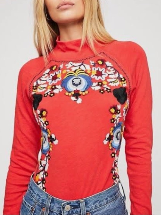 Free People Tops - Free People Disco Rose Large Floral Embroidered Boho Long Sleeve mock neck Top